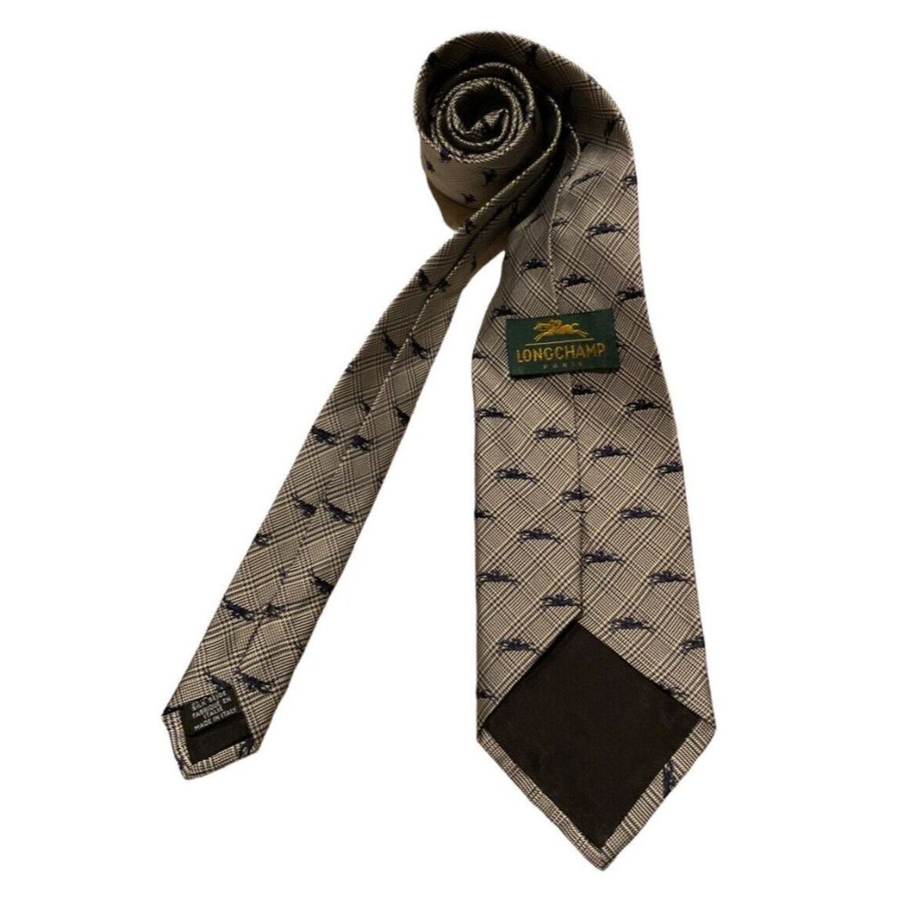 LONGCHAMP Gray Plaids & Cheks Monogramed Logo Silk Tie ITALY 57"/ 3.7" EC